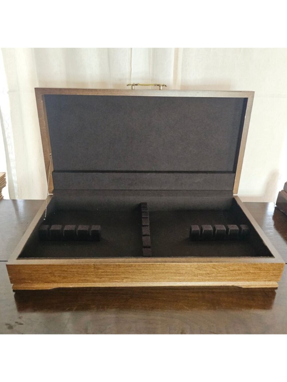 Wood Flatware Silverware Chest 23" brown fabric lined box vtg 90s holder keeper - Picture 3 of 9